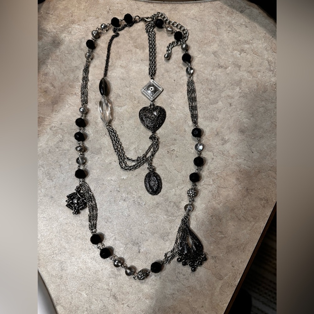 Beaded Black and Silver chain Necklace with heart detail